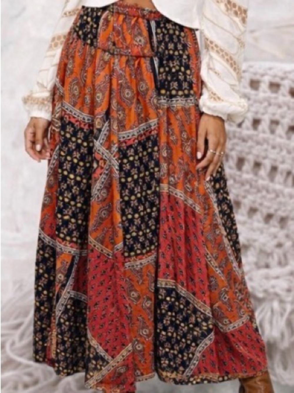 NWT Bohemian Paisley Maxi Skirt - Orange and Black